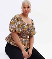 New Look Curves Black Ditsy Floral Shirred Peplum Blouse